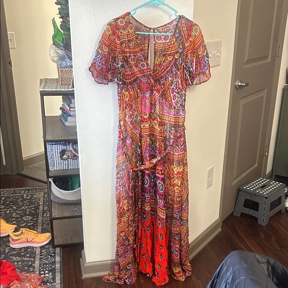 Anthropologie Red Paisley Boho Wrap Maxi Dress - Picture 3 of 8